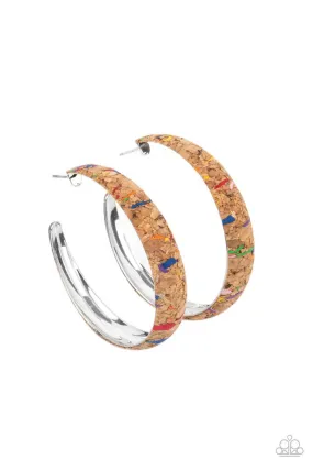 A CORK in the Road - Multi - Colored Flecked Cork Paparazzi Hoop Earrings