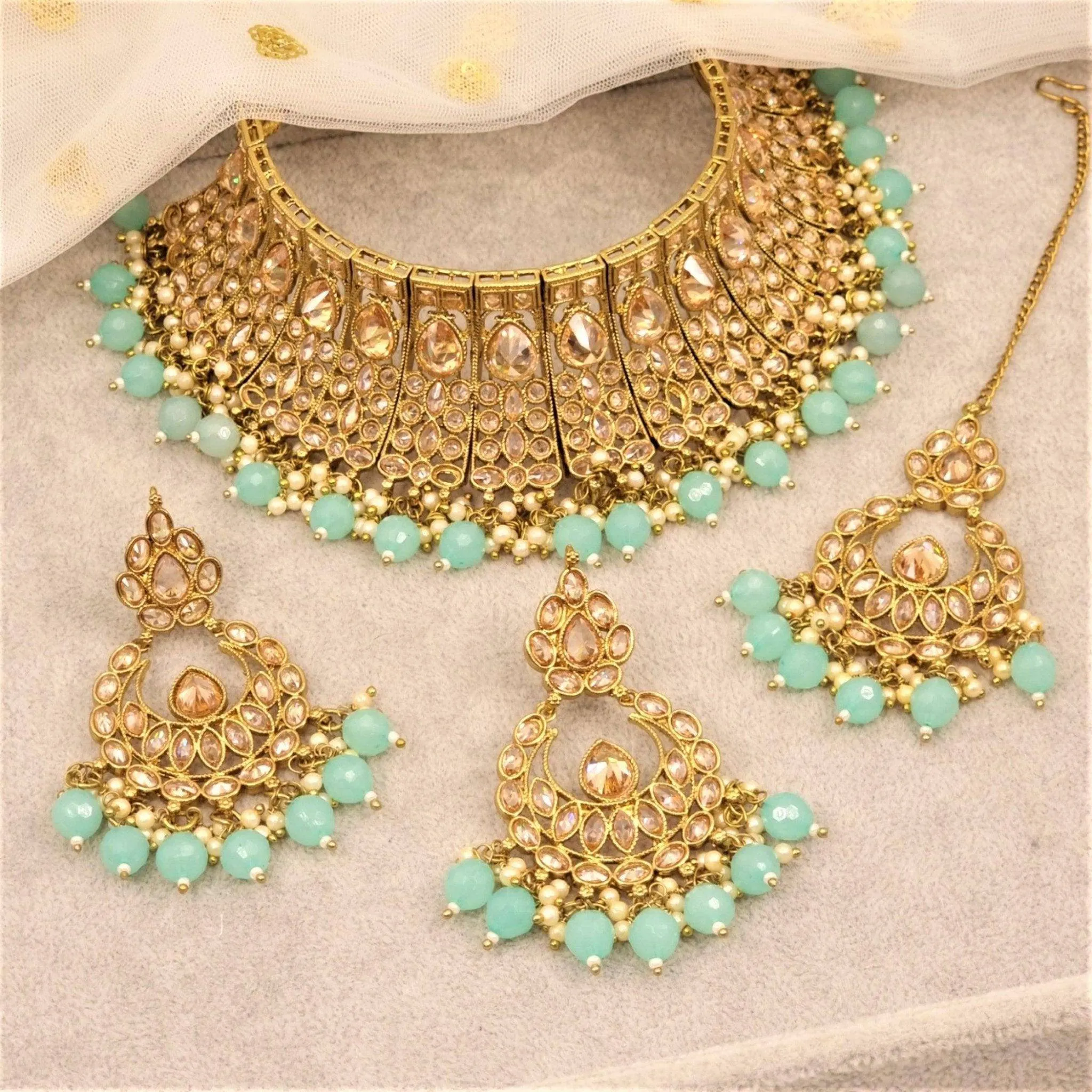 Abha- antique gold choker and necklace - mint