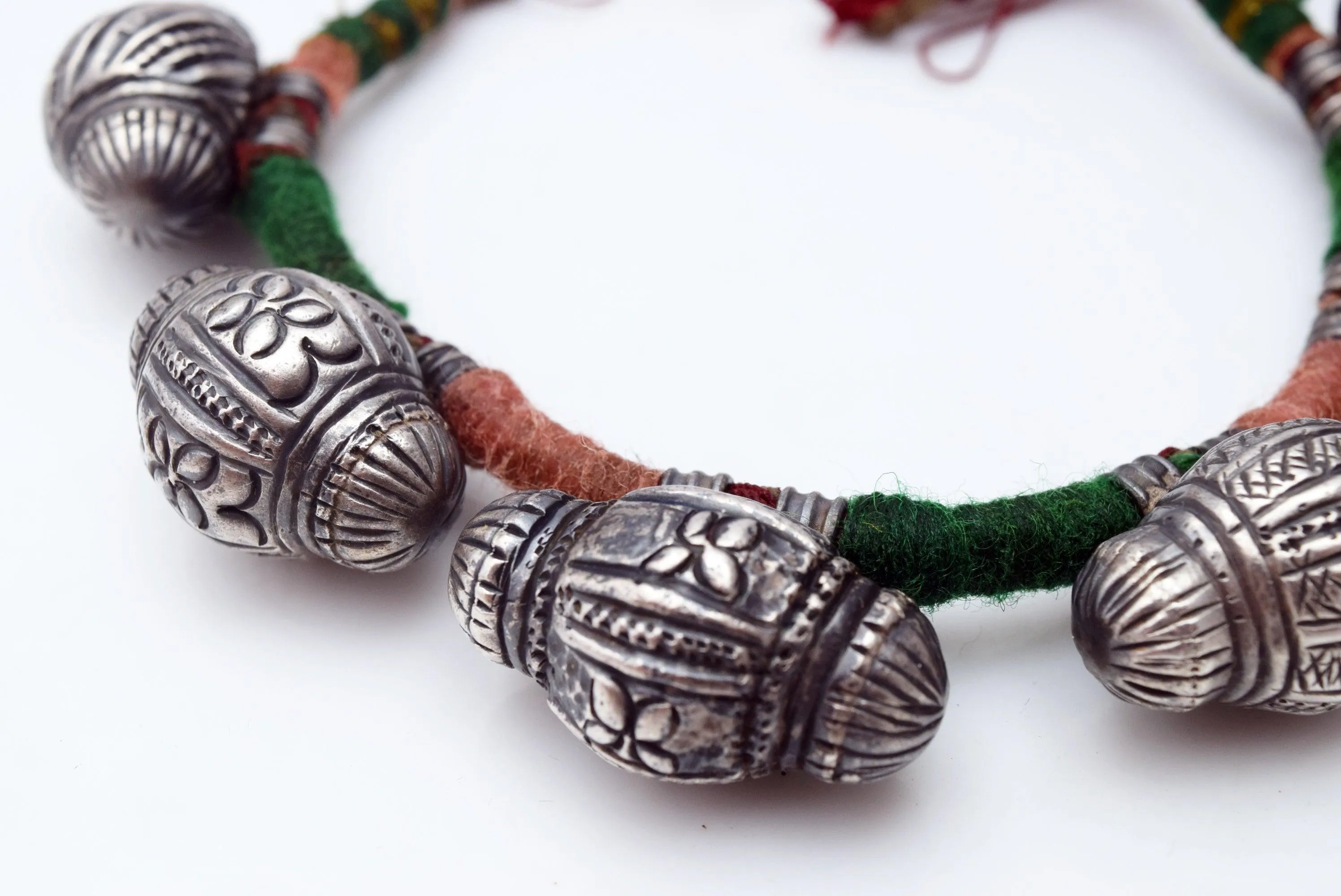 Antique Indian Silver Necklace with Puffy Amulets