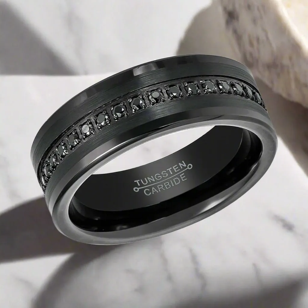 APODIS | Black Tungsten Ring, Black Sapphire Stone, Flat