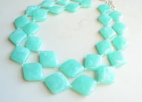 Aqua Blue Acrylic Bead Chunky Multi Strand Statement Necklace - Krista