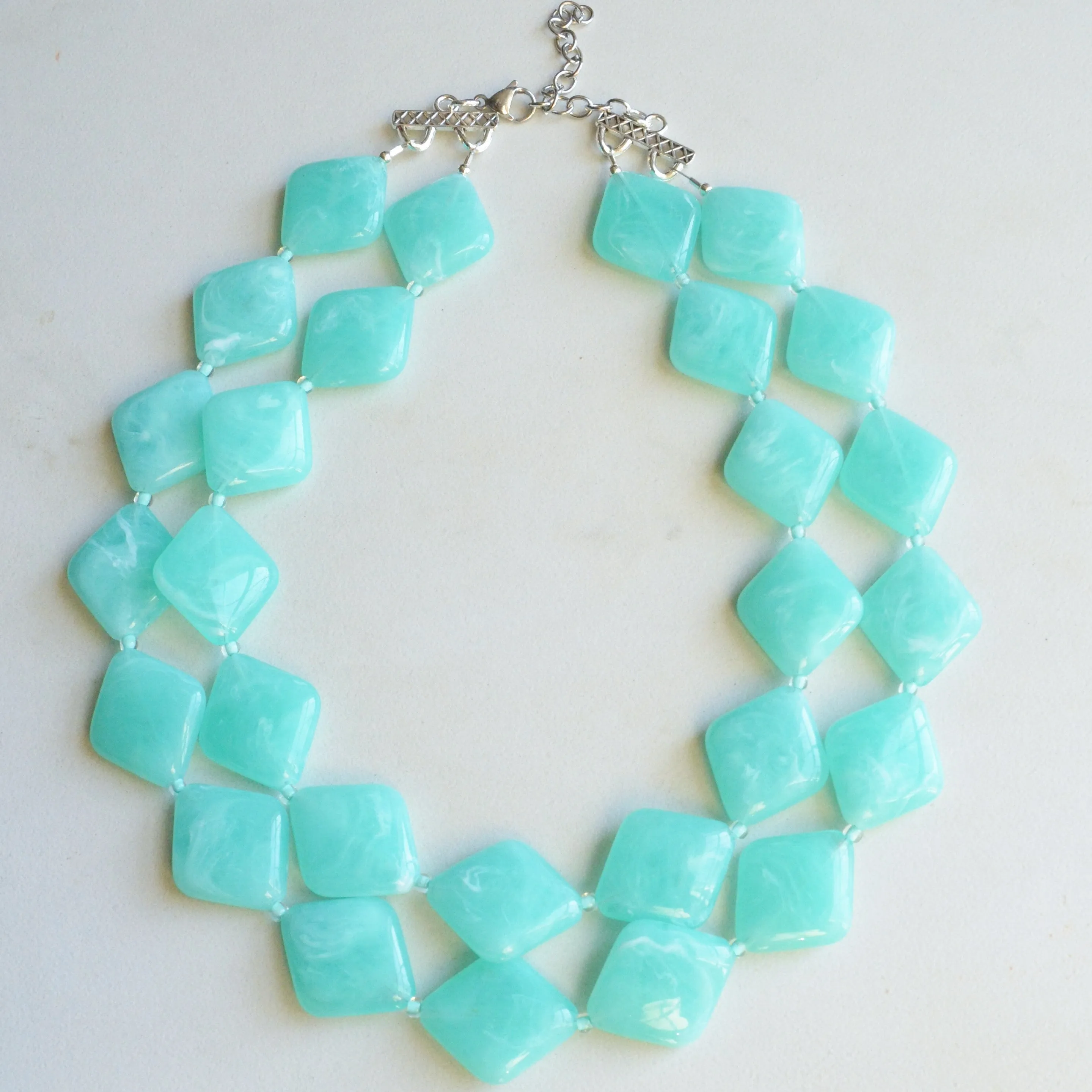 Aqua Blue Acrylic Bead Chunky Multi Strand Statement Necklace - Krista