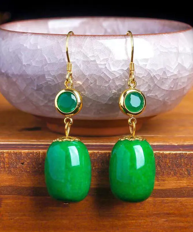 Art Green 14K Gold Dry Green Jade Drop Earrings LY9139