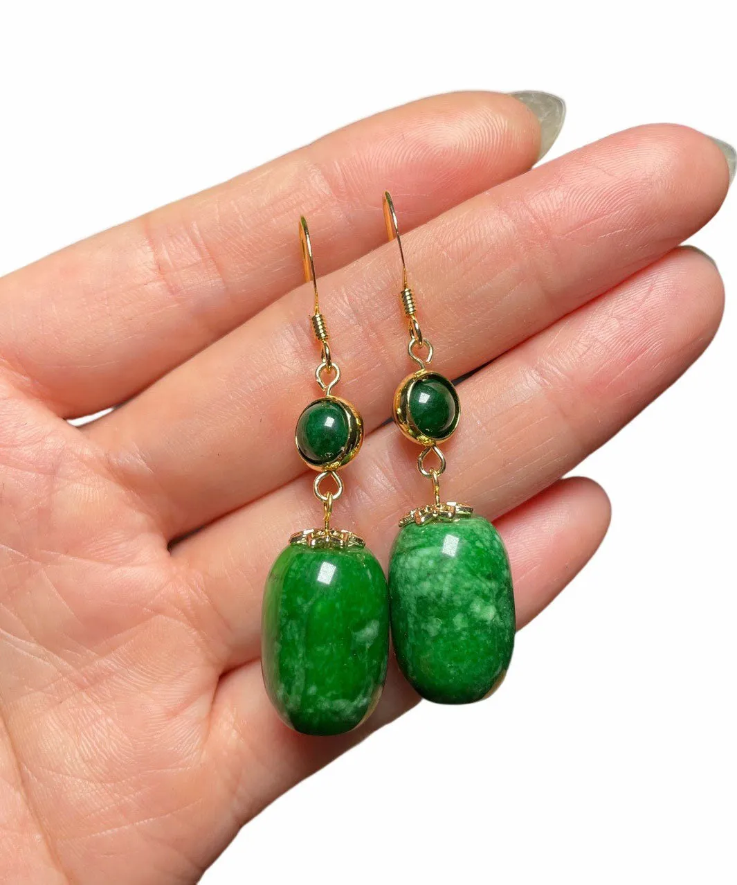 Art Green 14K Gold Dry Green Jade Drop Earrings LY9139