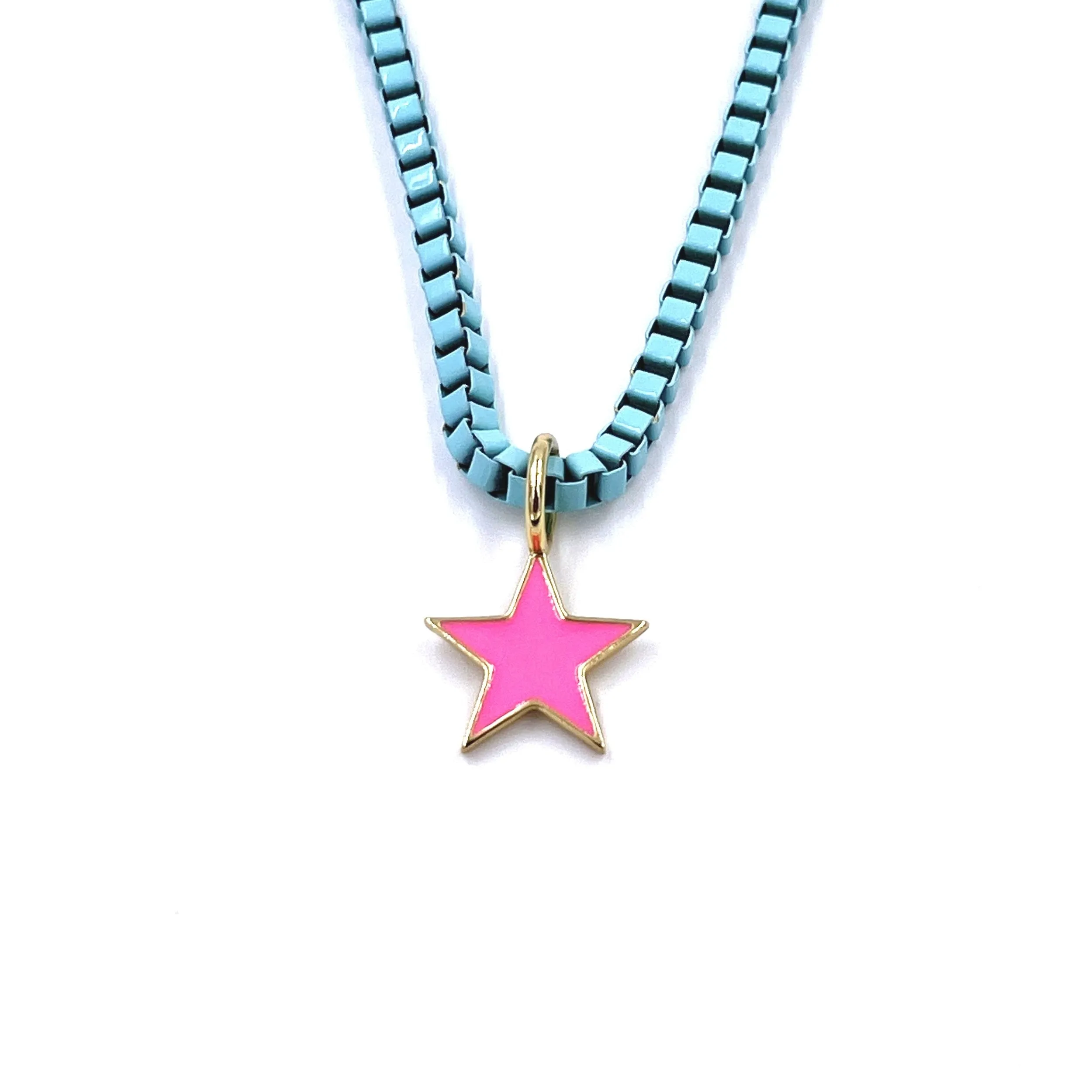 Ashley Gold Stainless Steel Blue Enamel And Pink Star Necklace