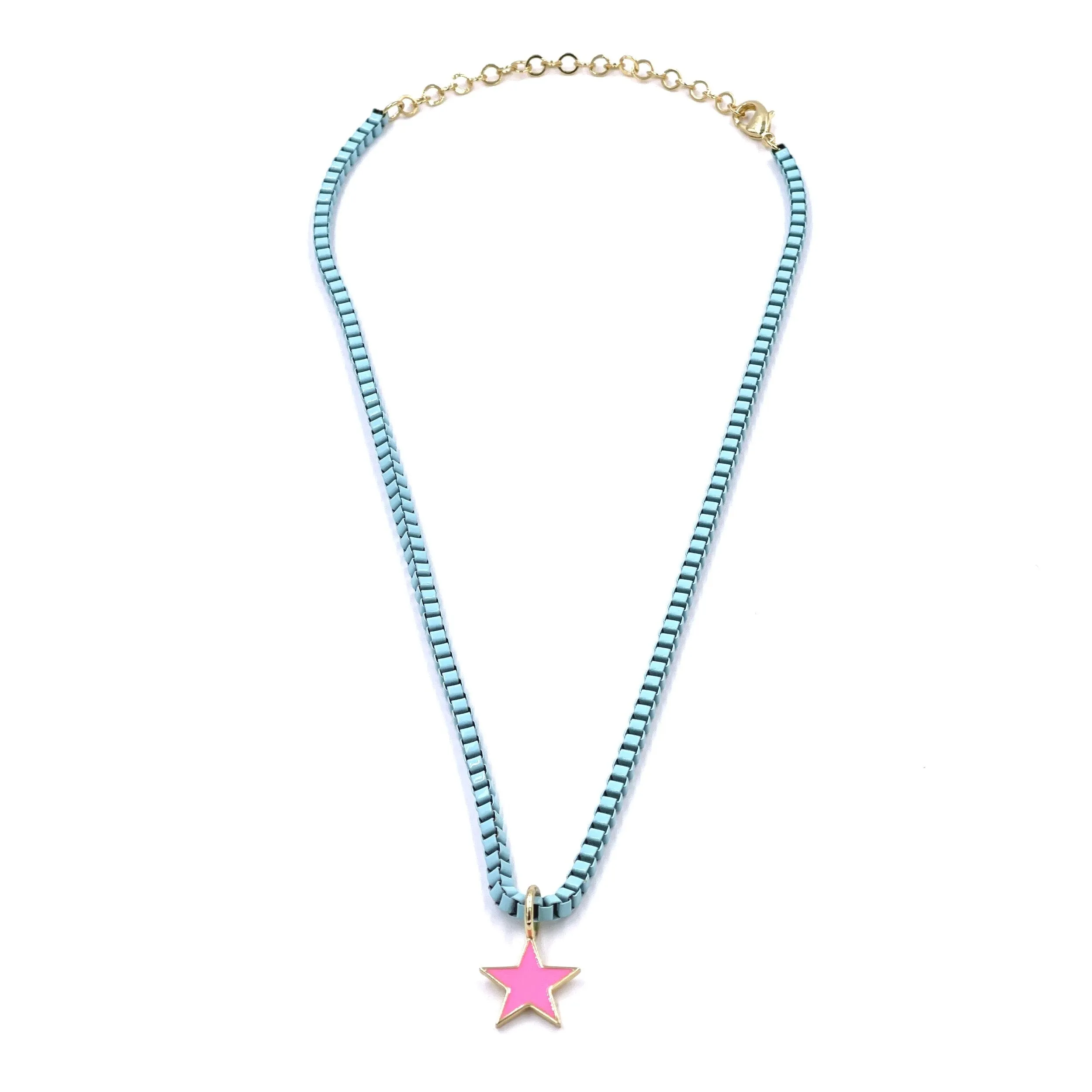 Ashley Gold Stainless Steel Blue Enamel And Pink Star Necklace