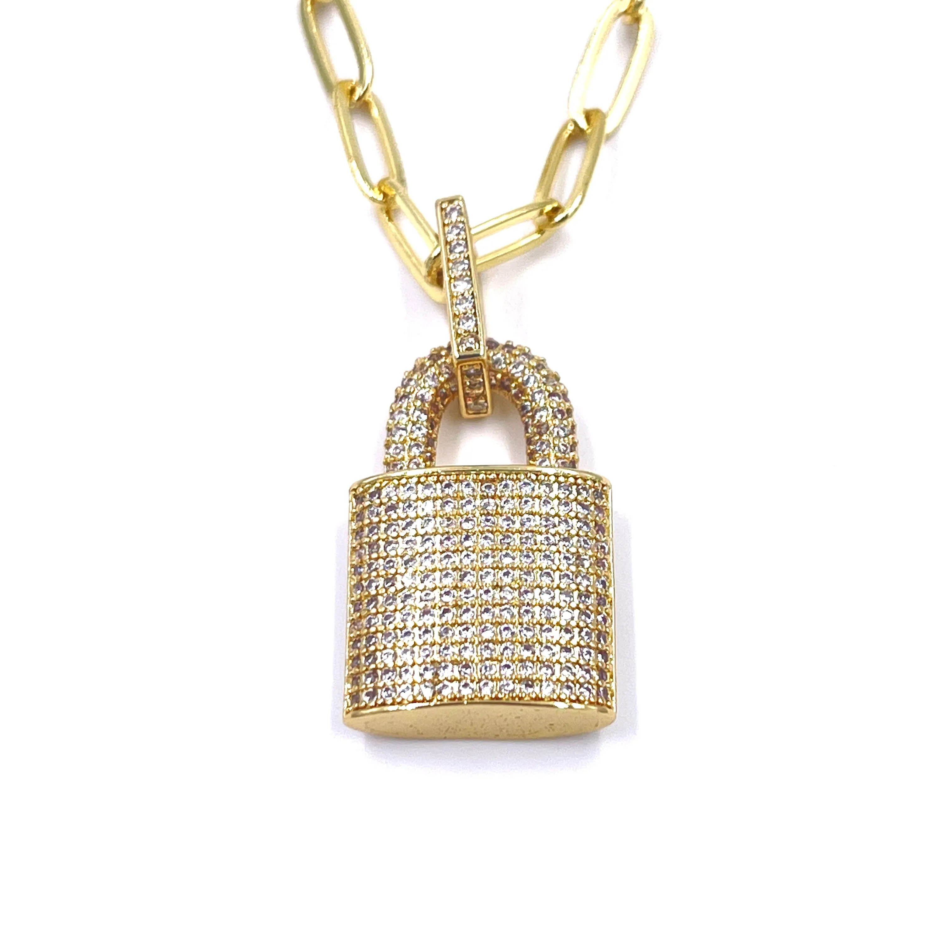 Ashley Gold Stainless Steel Gold Plated CZ Detachable Lock Charm Necklace