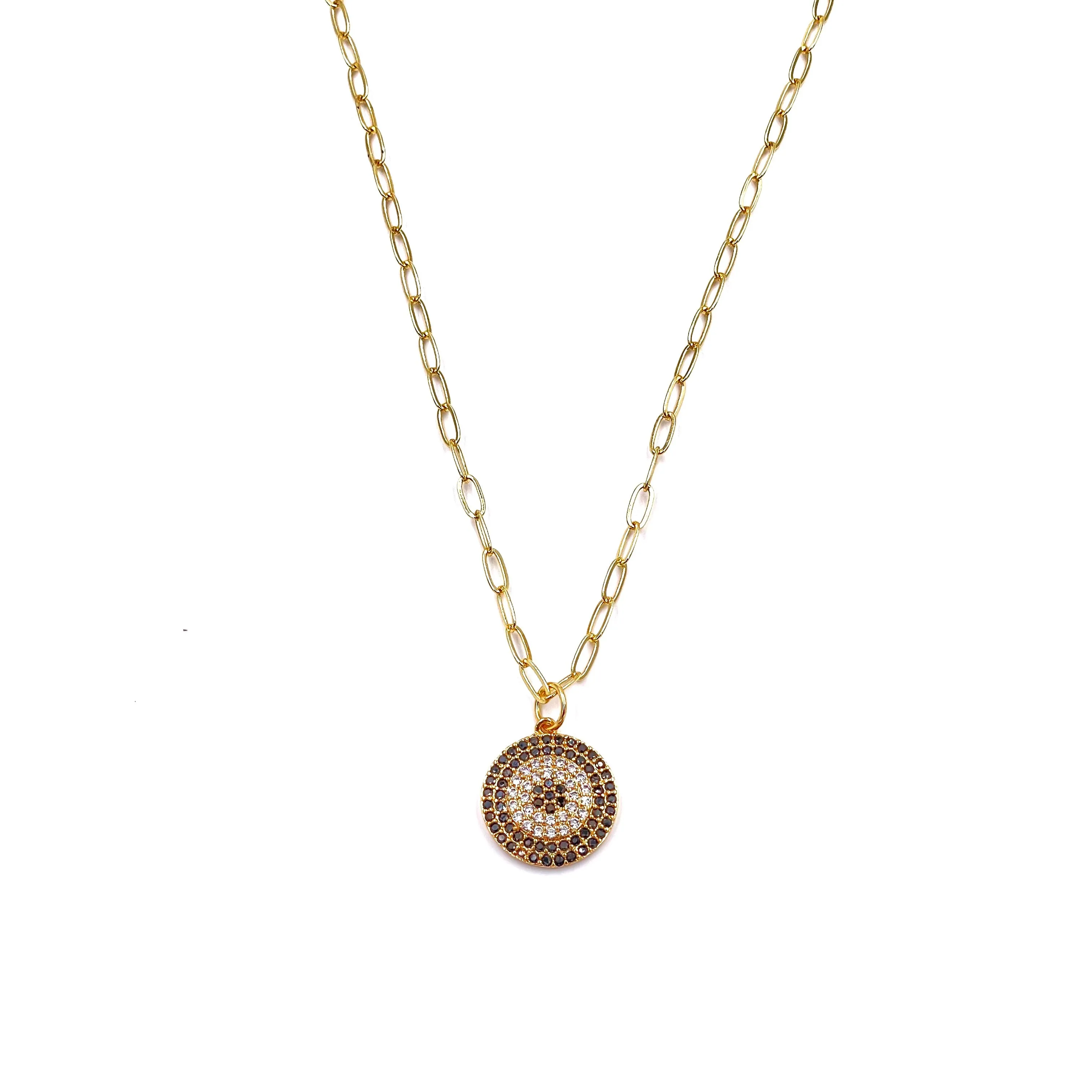 Ashley Gold Stainless Steel Gold Plated CZ Evil Eye Link Charm Necklace