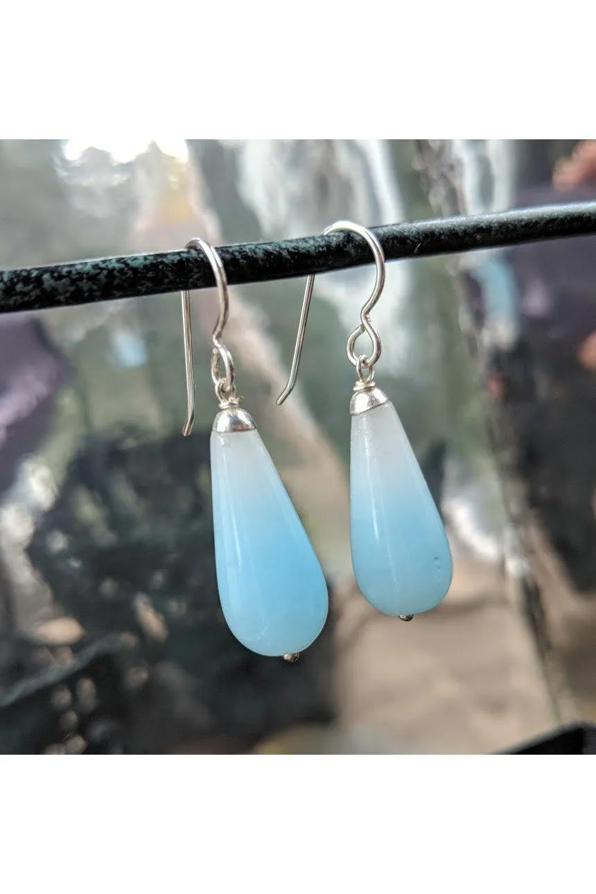 Baby Blue Jade Long Briolette Gemstone Silver Earrings, Black Friday Deal