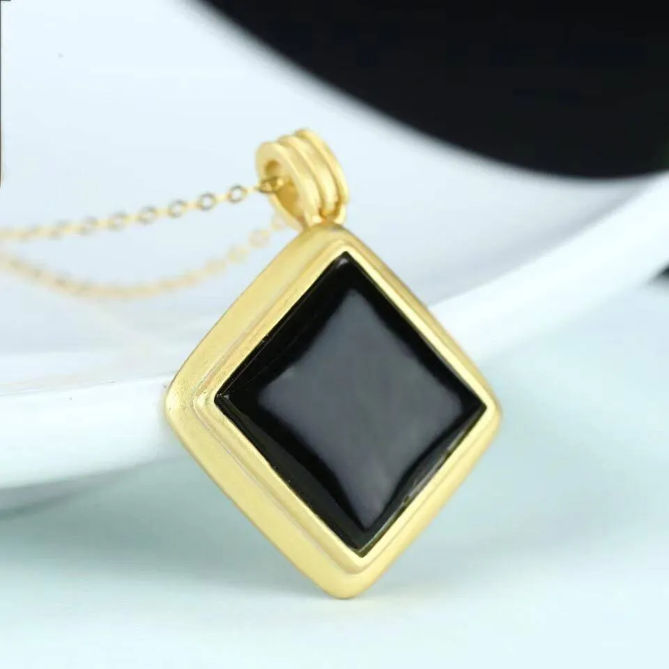 Baikalla™ Sterling Silver Real Black Nephrite Jade Classic Square Pendant Necklace