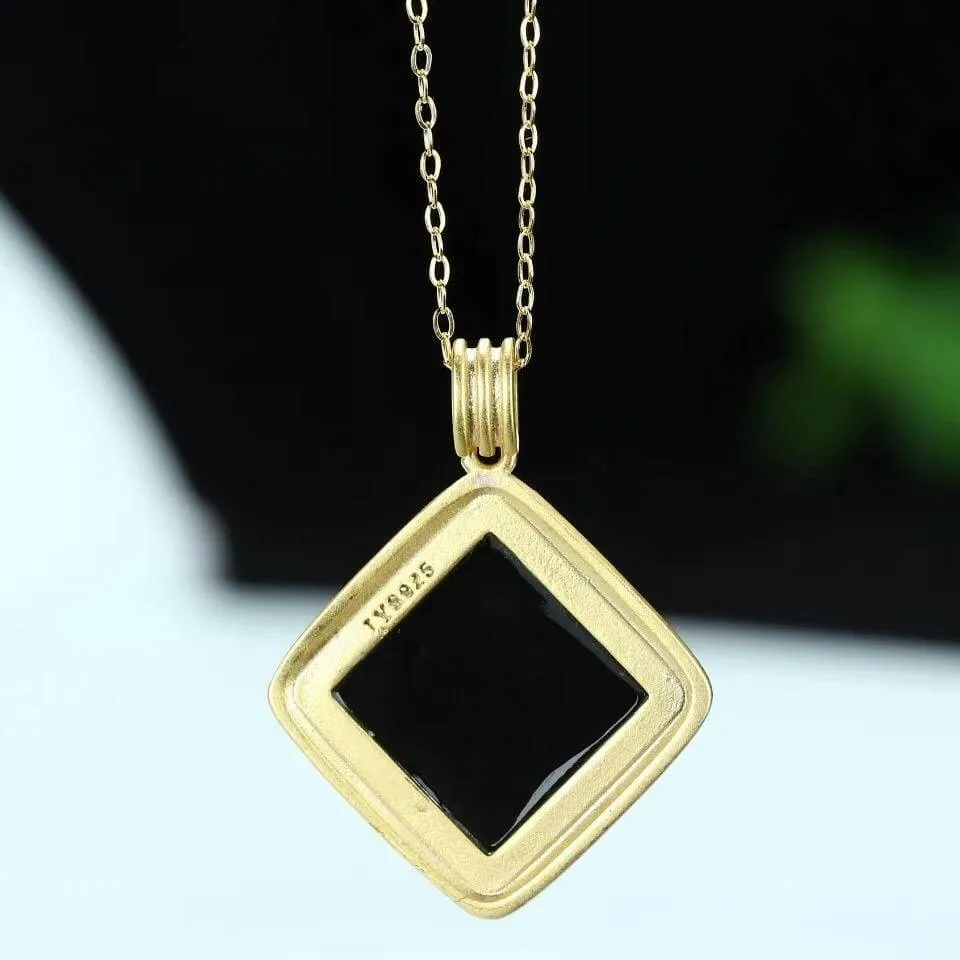 Baikalla™ Sterling Silver Real Black Nephrite Jade Classic Square Pendant Necklace