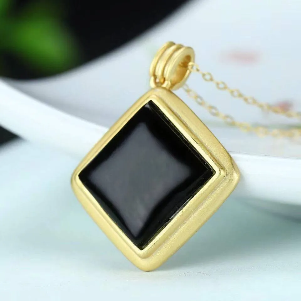 Baikalla™ Sterling Silver Real Black Nephrite Jade Classic Square Pendant Necklace