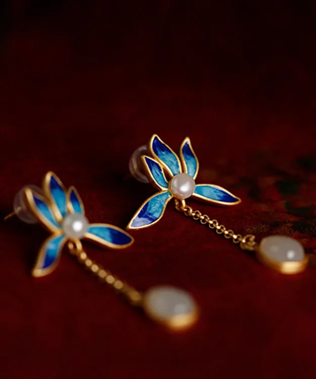 Beautiful Blue Lotus Inlaid Jade Drop Earrings