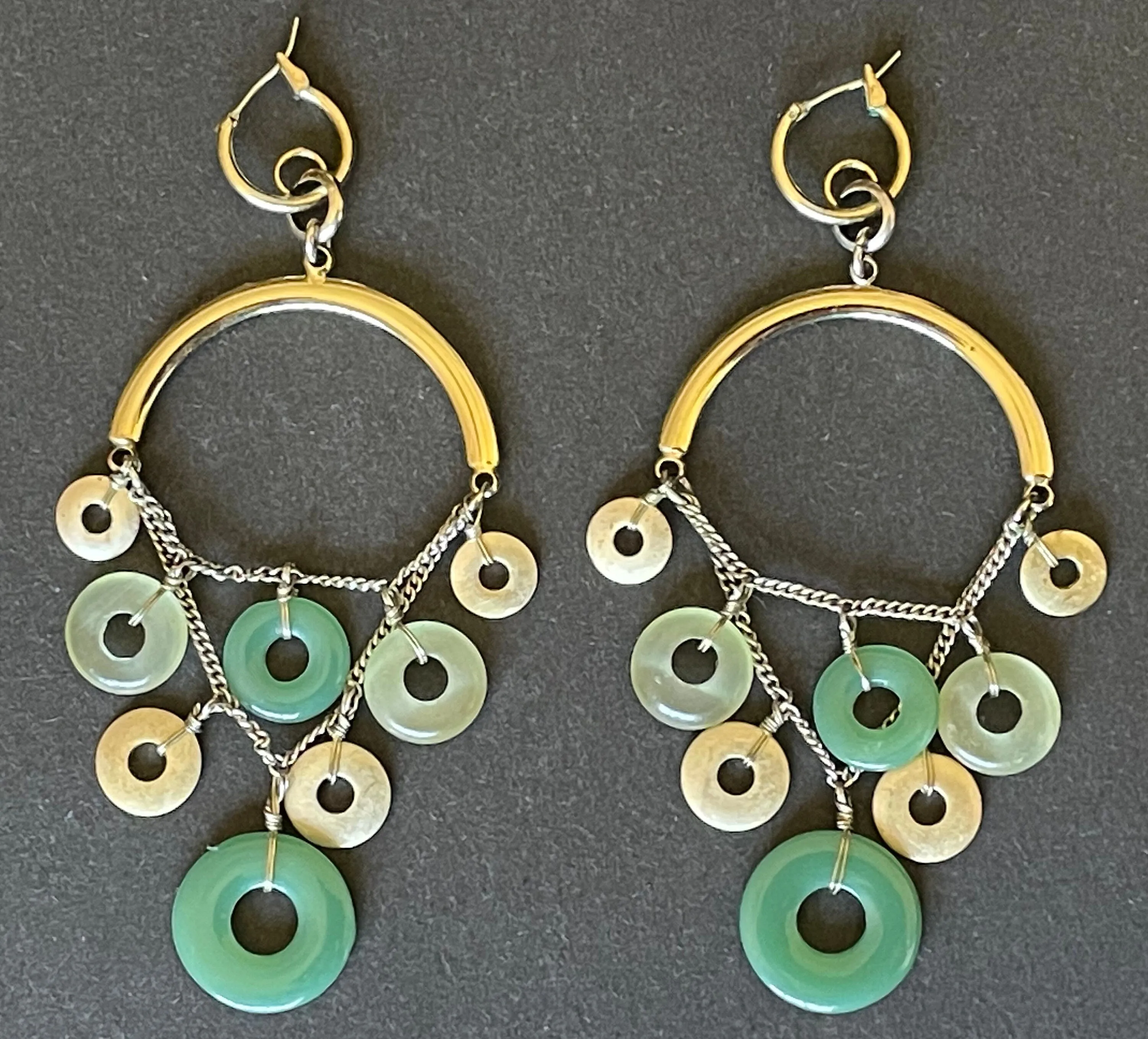 Beautiful pre-owned designer gold plated and jade green gemstone ring dangle earrings for pierced ears