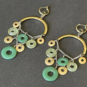 Beautiful pre-owned designer gold plated and jade green gemstone ring dangle earrings for pierced ears