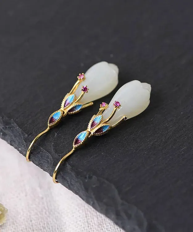 Beautiful White Sterling Silver Overgild Inlaid Jade Cloisonne Orchid Drop Earrings LY8562