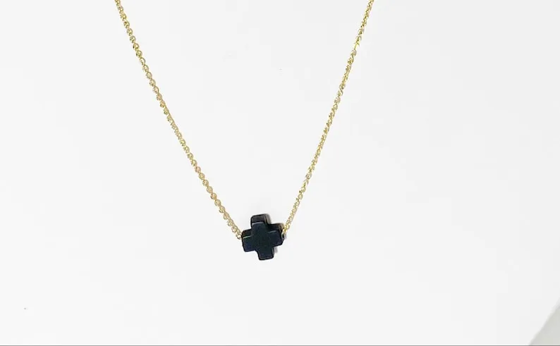 Black Cross 16 inch Gold Filled Chain Necklace