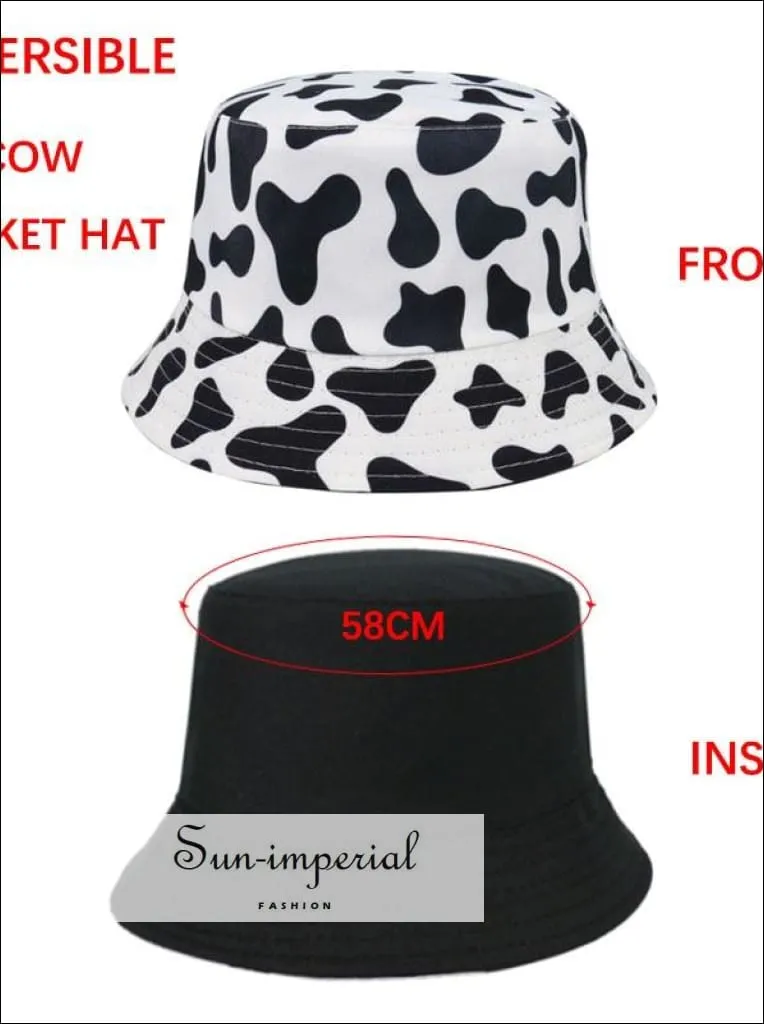 Black function Print Reversible Black White Cow Pattern Women Bucket Hat