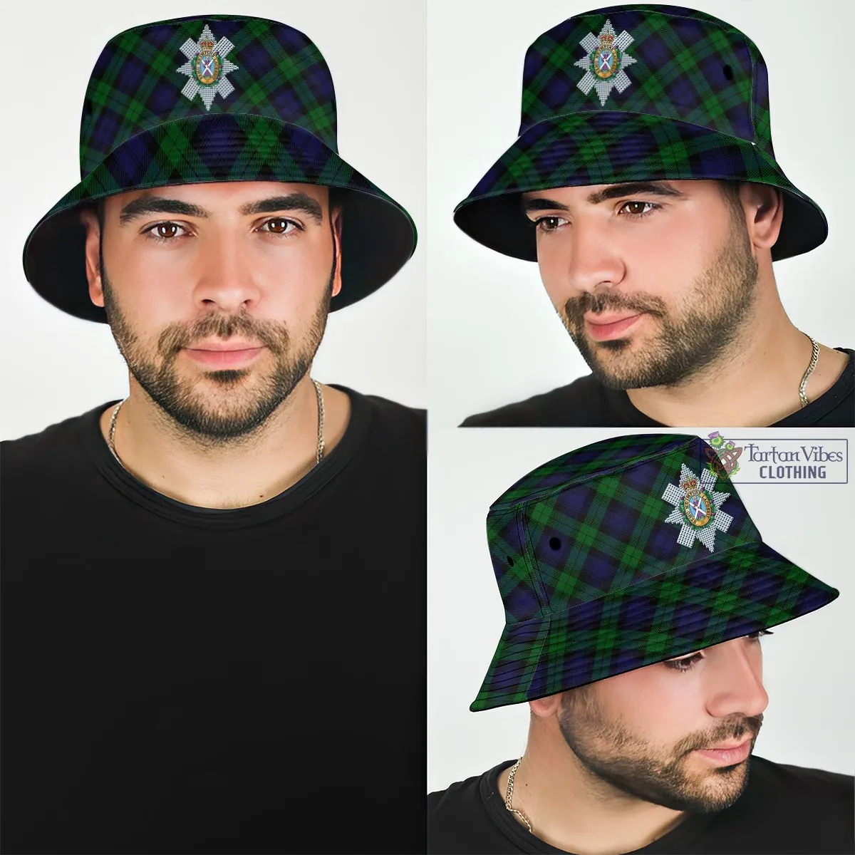 Black Watch Tartan Bucket Hat with Family Crest