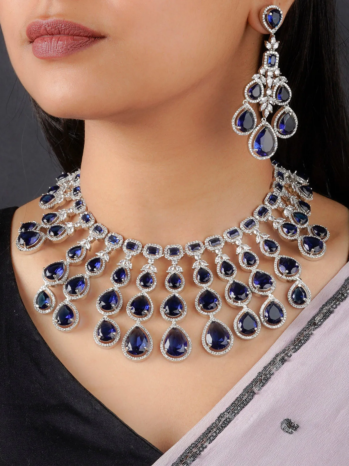 Blue Color Silver Plated Faux Diamond Necklace Set - CZSET321BL