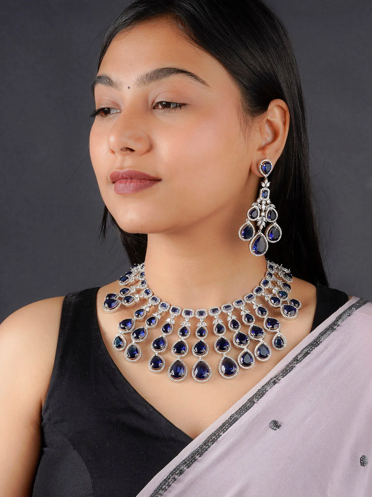 Blue Color Silver Plated Faux Diamond Necklace Set - CZSET321BL