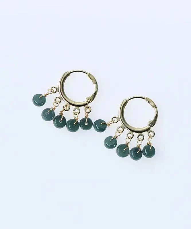 Boutique Blue Jade Tassel 14K Hoop Earrings LY9156