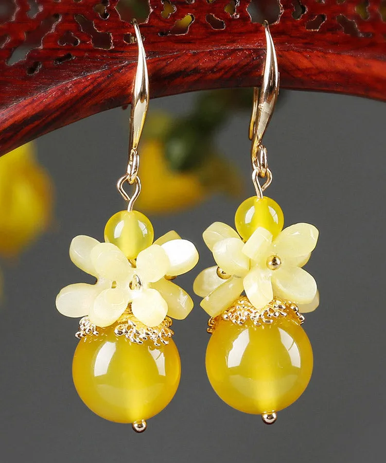 Boutique Yellow Agate Copper Jade Floral Drop Earrings LY2017