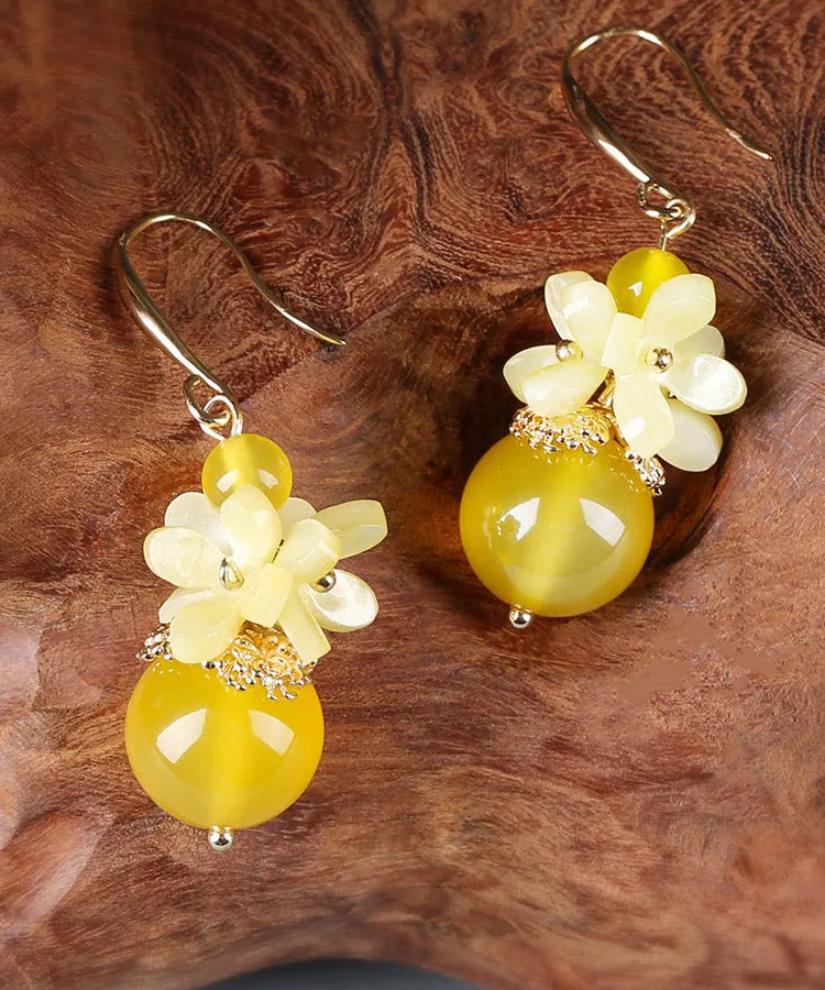 Boutique Yellow Agate Copper Jade Floral Drop Earrings LY2017