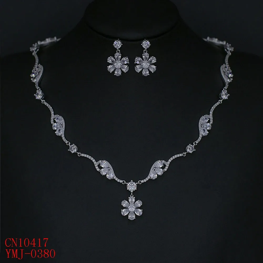 Bridal Jewelry Crystal Cubic Zirconia Flower Necklace and Earring Set, Suitable For Wedding Dinner, Girlfriend Gift, CN10417