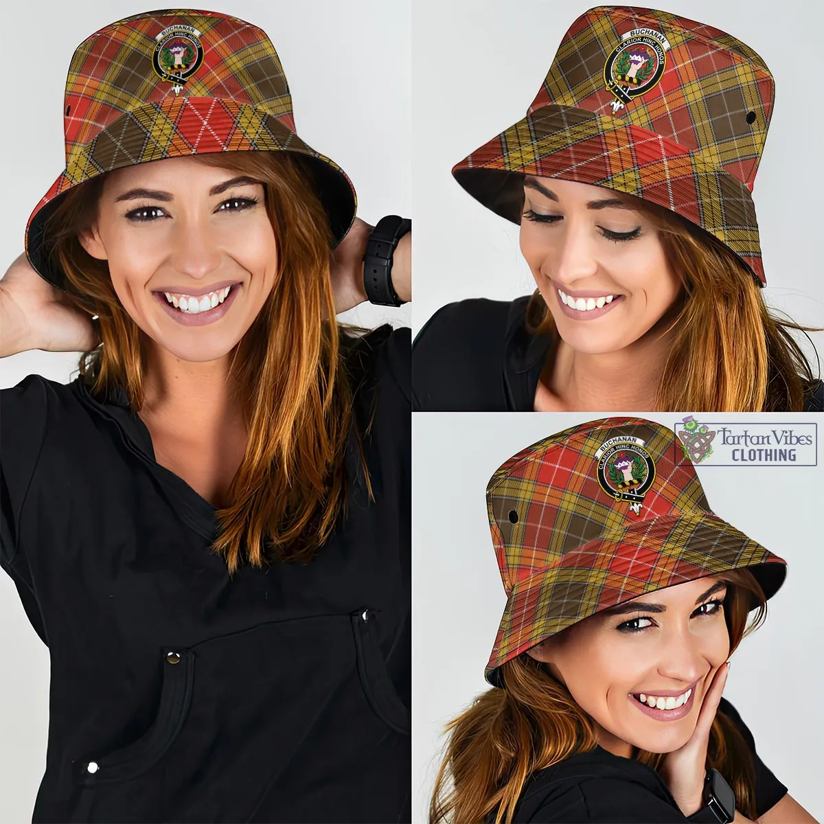 Buchanan Old Set Weathered Tartan Bucket Hat with Family Crest