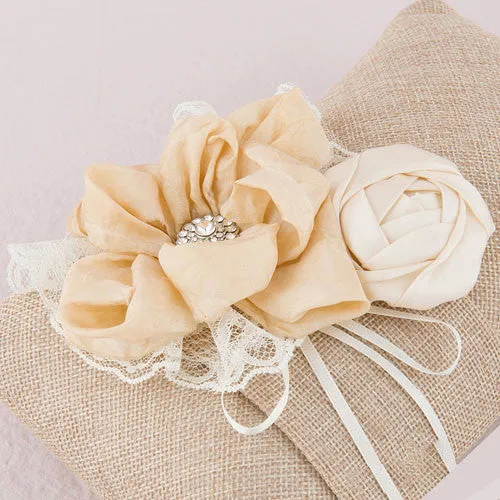 Burlap Wedding Ring Pillow with Flowers