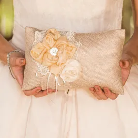 Burlap Wedding Ring Pillow with Flowers