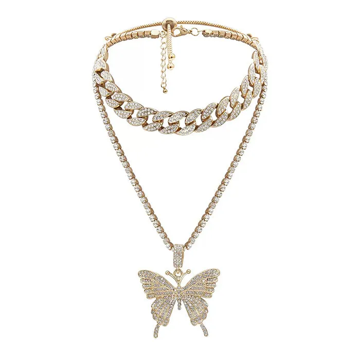 Butterfly Rhinestone Layered Necklace