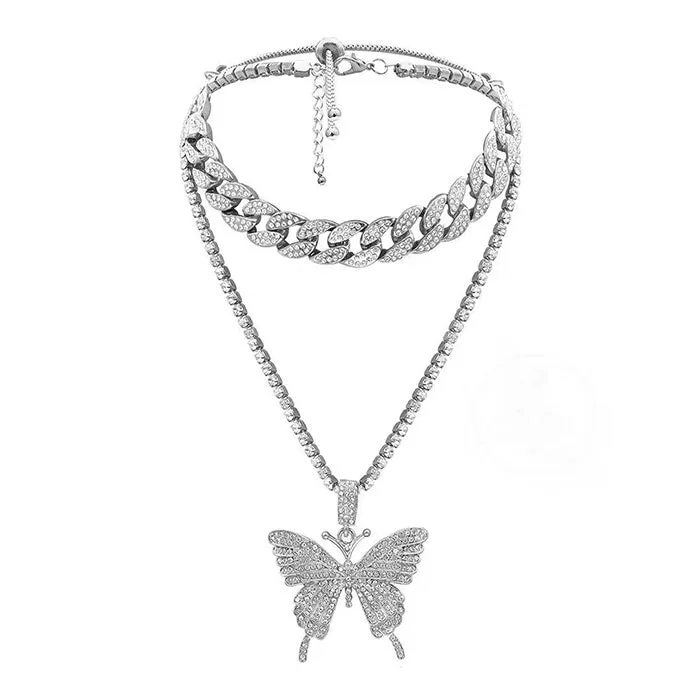 Butterfly Rhinestone Layered Necklace