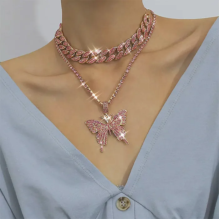 Butterfly Rhinestone Layered Necklace