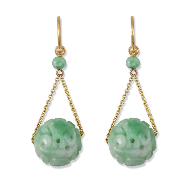 Carved Jade Bead Dangle Earrings