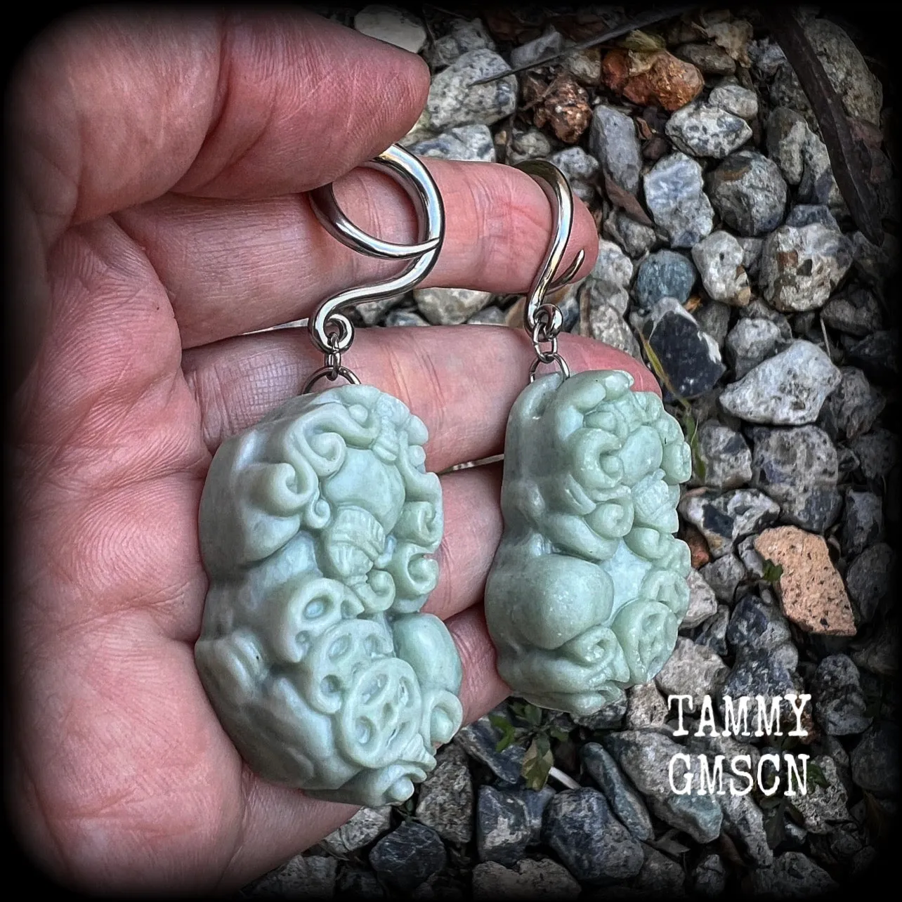 Chinese foo dog gauged earrings-Jade Pi Xiu ear hangers