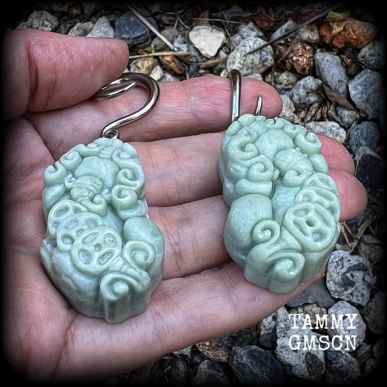 Chinese foo dog gauged earrings-Jade Pi Xiu ear hangers