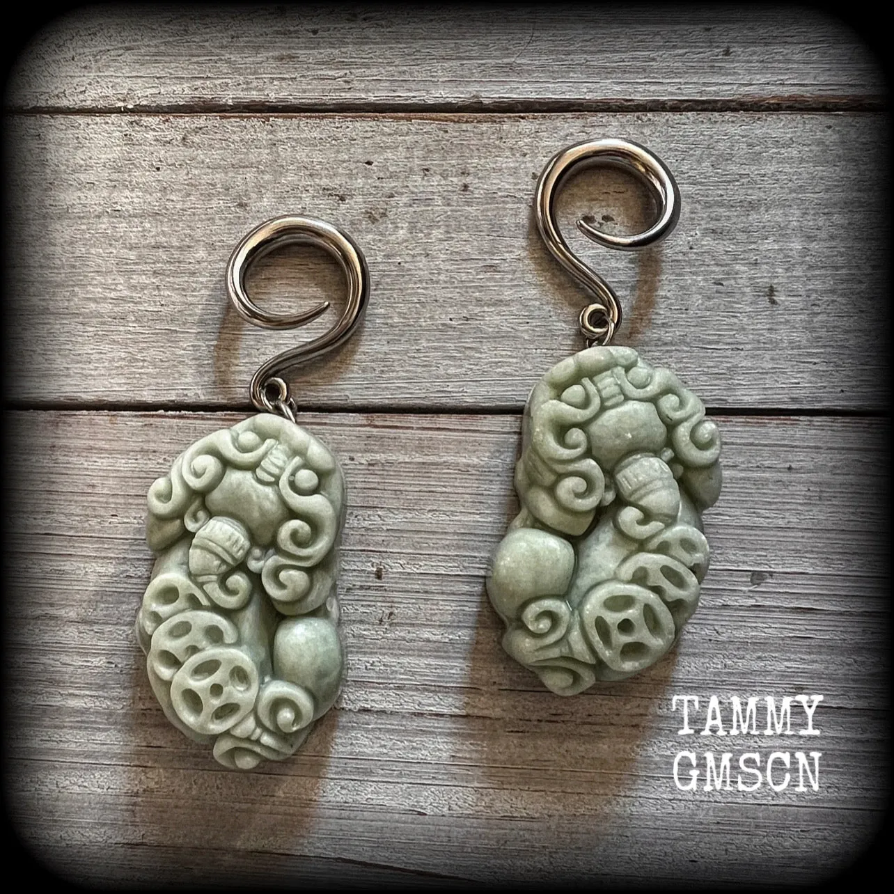 Chinese foo dog gauged earrings-Jade Pi Xiu ear hangers