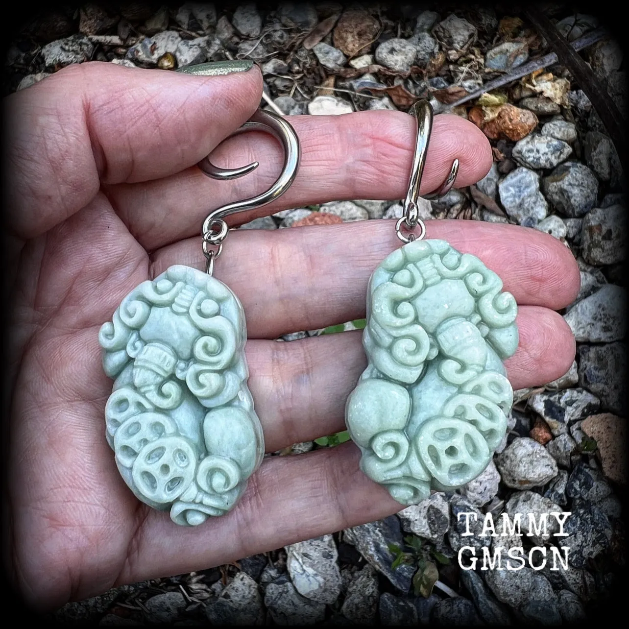 Chinese foo dog gauged earrings-Jade Pi Xiu ear hangers