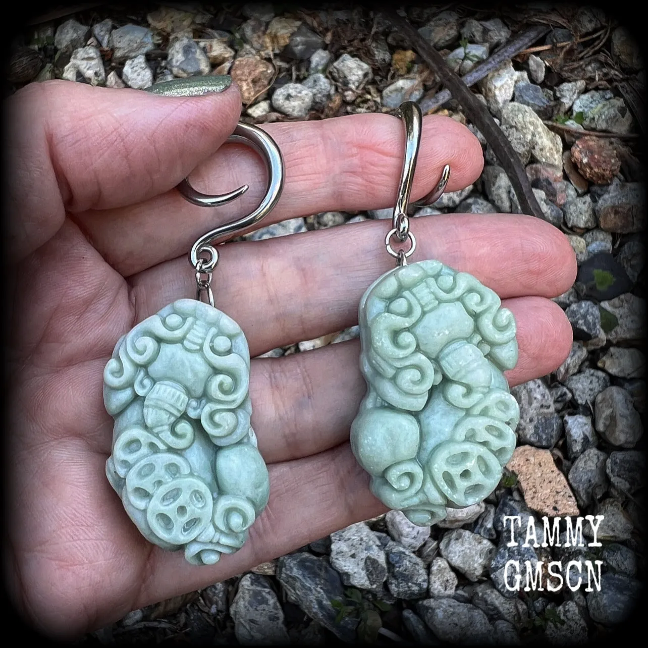 Chinese foo dog gauged earrings-Jade Pi Xiu ear hangers