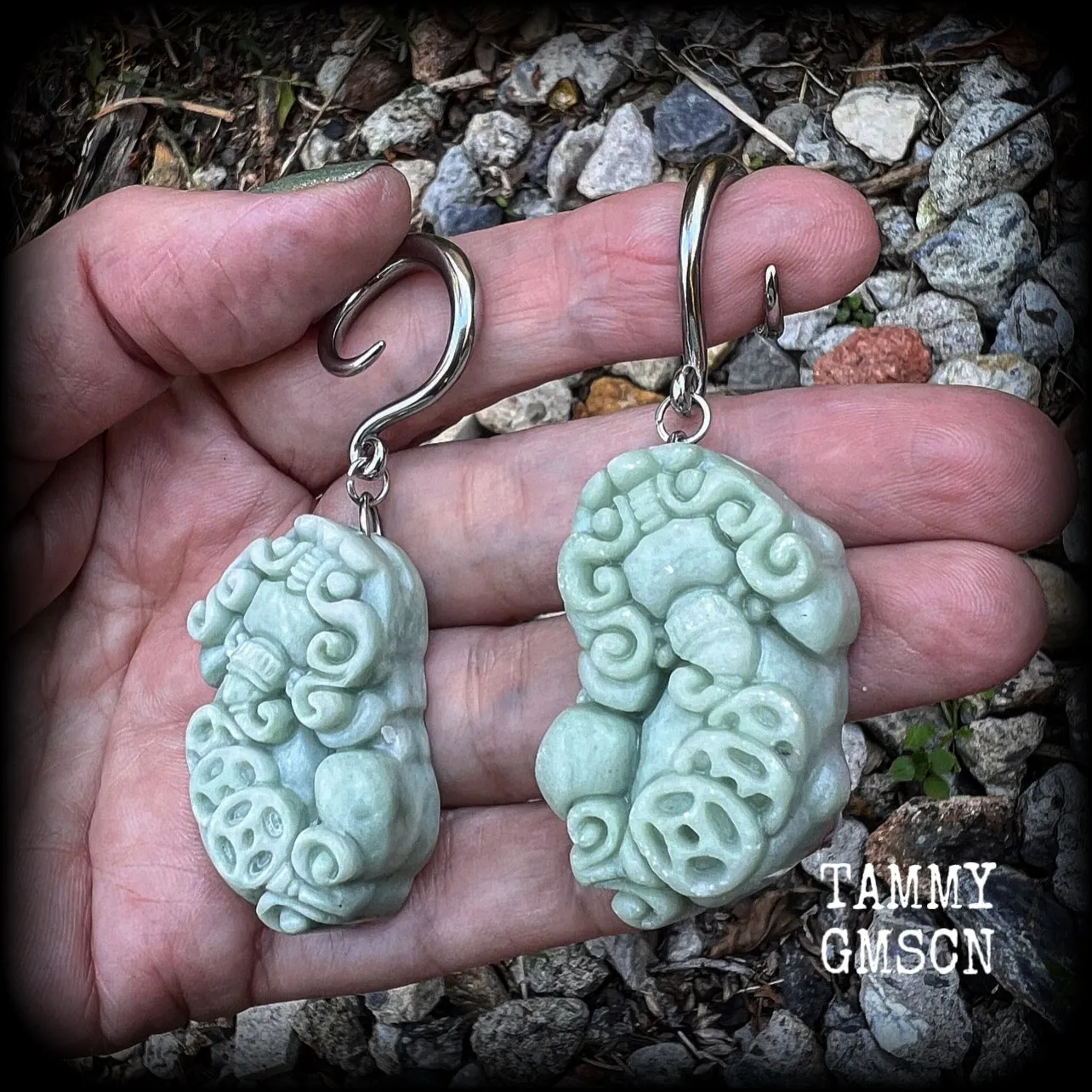 Chinese foo dog gauged earrings-Jade Pi Xiu ear hangers