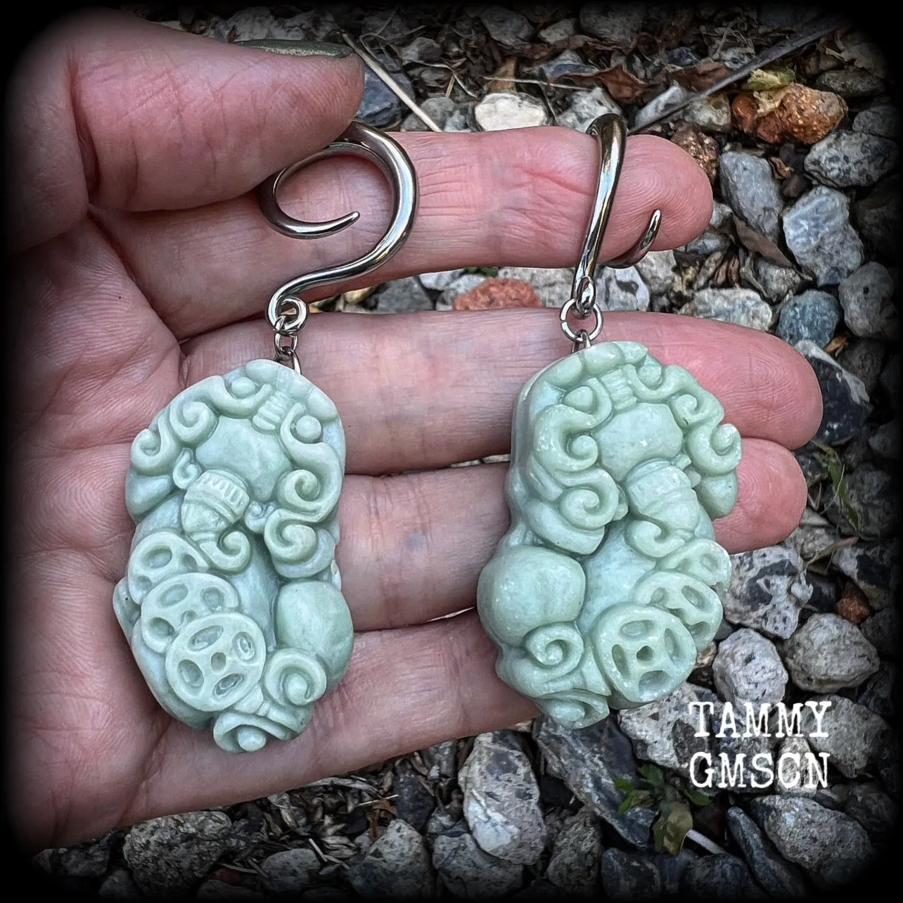 Chinese foo dog gauged earrings-Jade Pi Xiu ear hangers