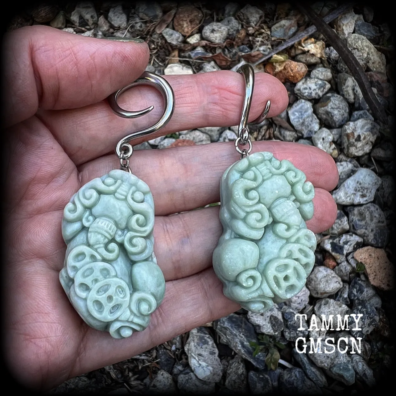 Chinese foo dog gauged earrings-Jade Pi Xiu ear hangers