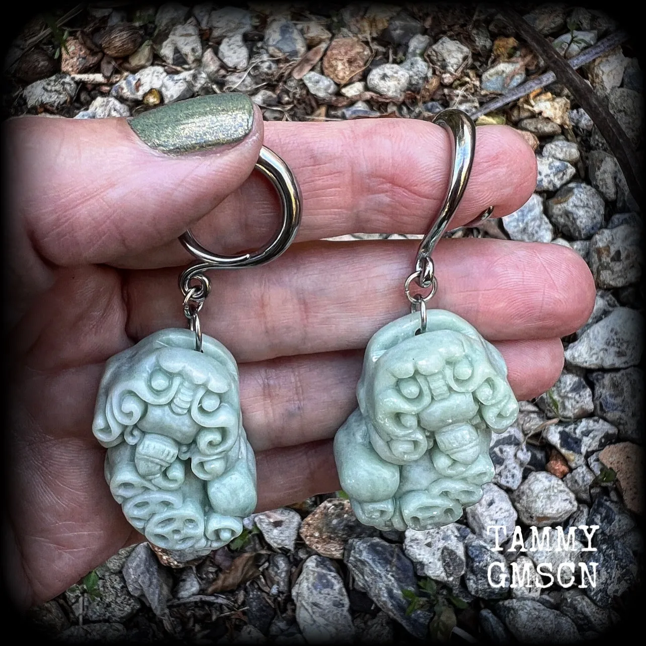 Chinese foo dog gauged earrings-Jade Pi Xiu ear hangers