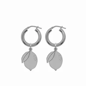 Chunky Hoop Earrings with Double Lemon Pendant - Silver