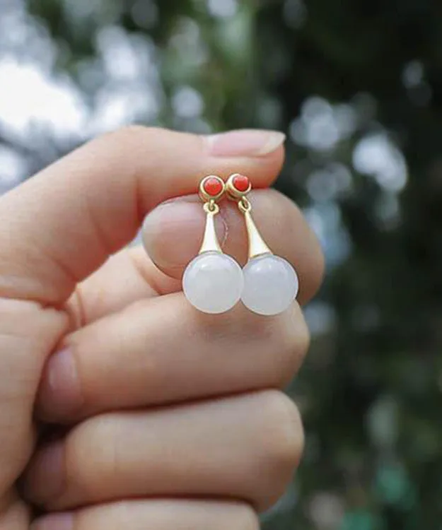 Classy White Metal Inlaid Jade Stud Earrings