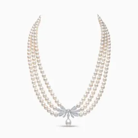 Contessa 18K Gold White Freshwater Pearl and Diamond Bow Necklace