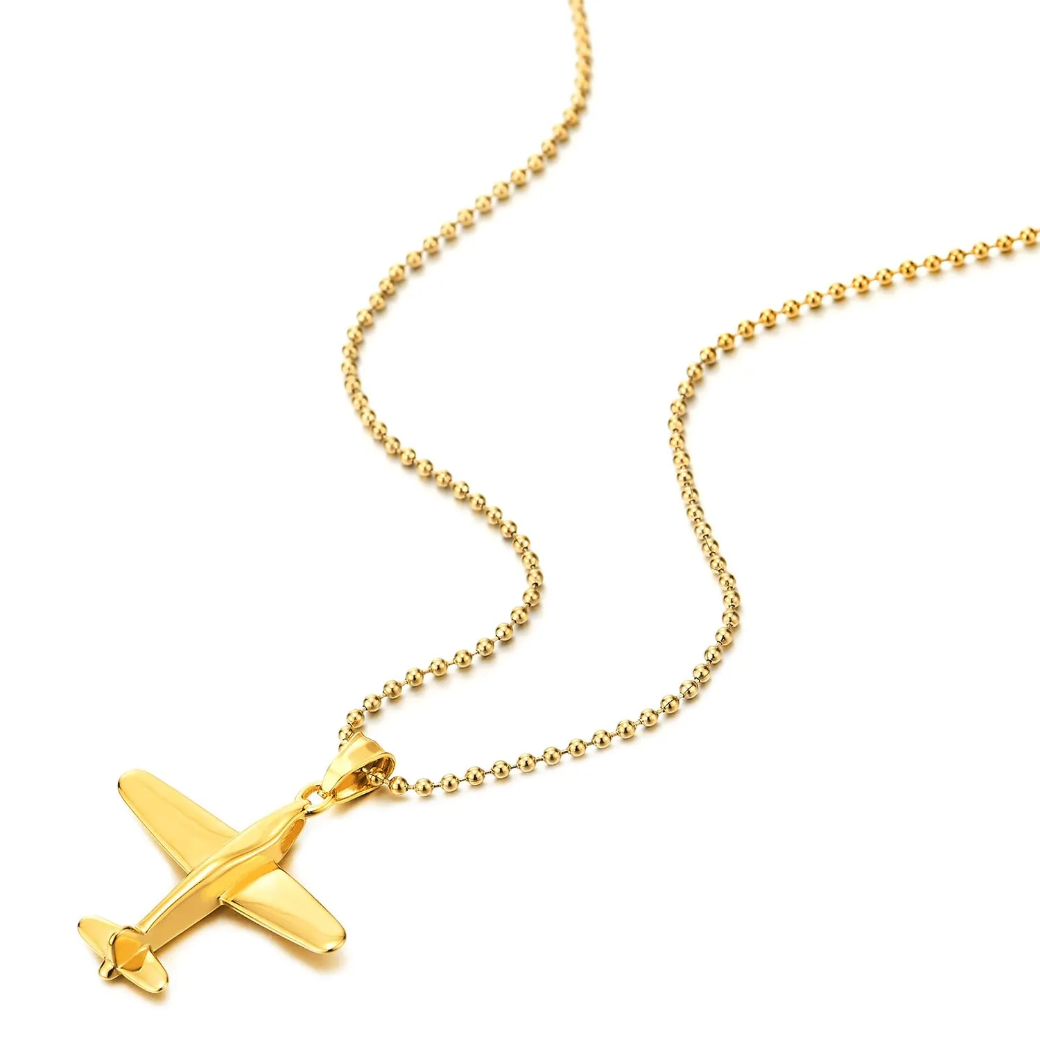 COOLSTEELANDBEYOND Airplane Pendant Necklace Gold Color Stainless Steel Necklace for Men Women, 23.6 inches Ball Chain