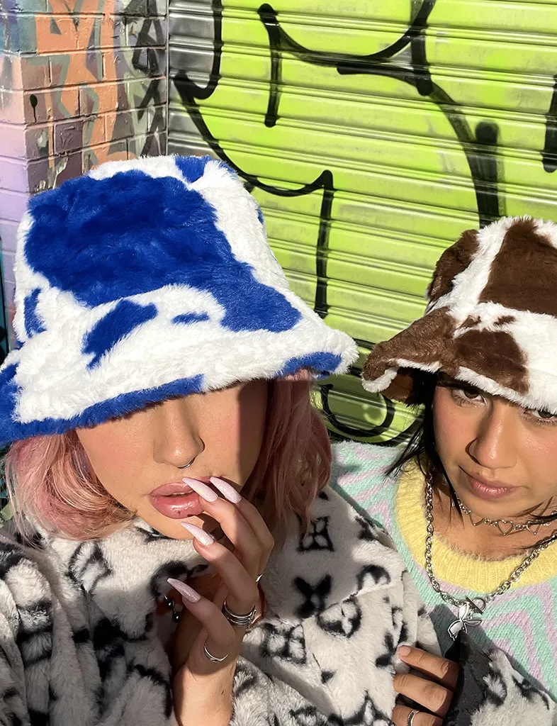 COW PRINT FUZZY HAT - BLUE